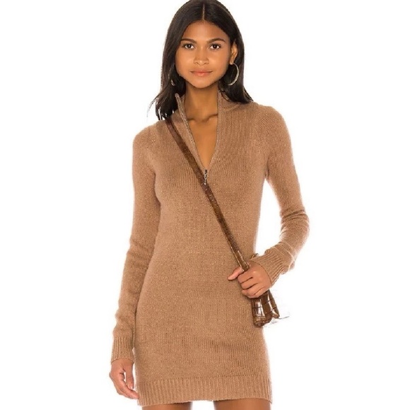 Lovers + Friends Anthea Sweater Dress Tan Ribbed Knit Zipper Front Size Medium - Picture 1 of 7